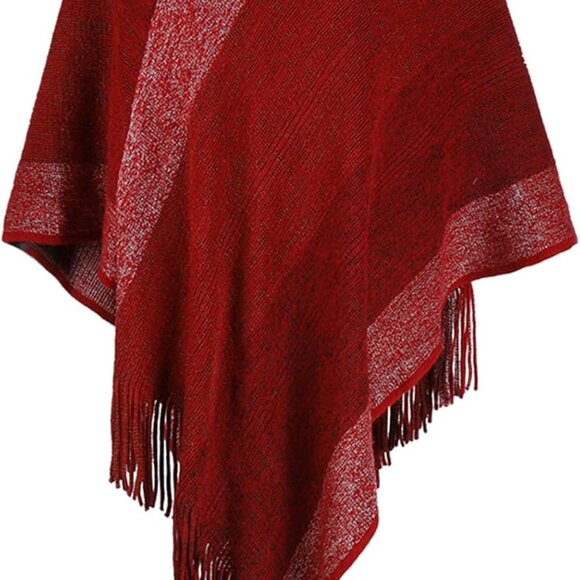 Women's Elegant Knitted Shawl Poncho with Fringed V-Neck Striped Sweater Pullove - Picture 1 of 9